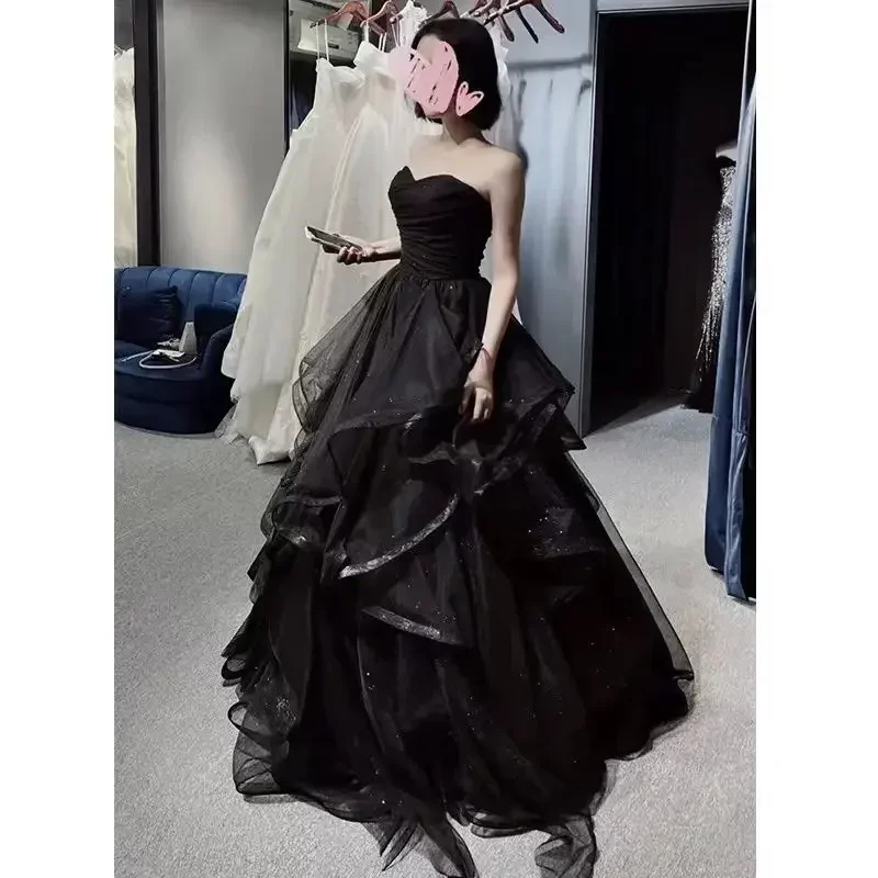 

Black Strapless Ruffles Evening Dress 2024 Summer New Sexy Elegant Gentle Adult Gift Birthday Party Long Dresses Female