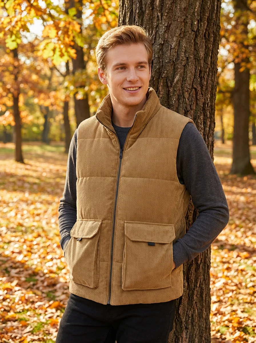 

Men's 6XL (Asian Size) Fleece-Lined Corduroy Winter Vest, Multi-Pocket Heavyweight Winter Vest for man