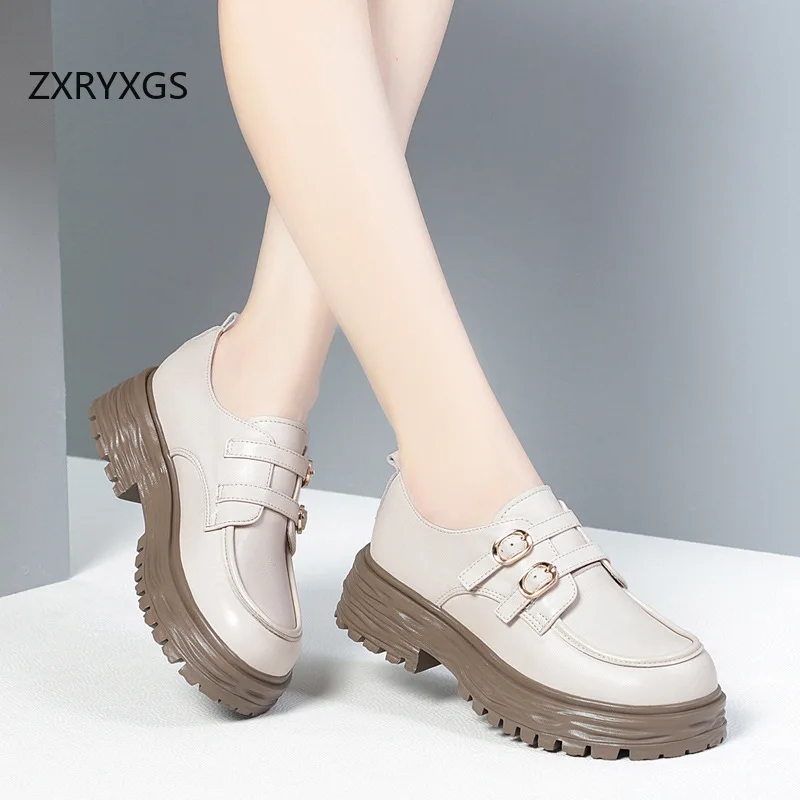 ZXRYXGS British Genuine Leather Shoes Thick Sole Non-slip Heightening Shoes Woman High Heels 2024 Elegant Comfort Loafers Shoes