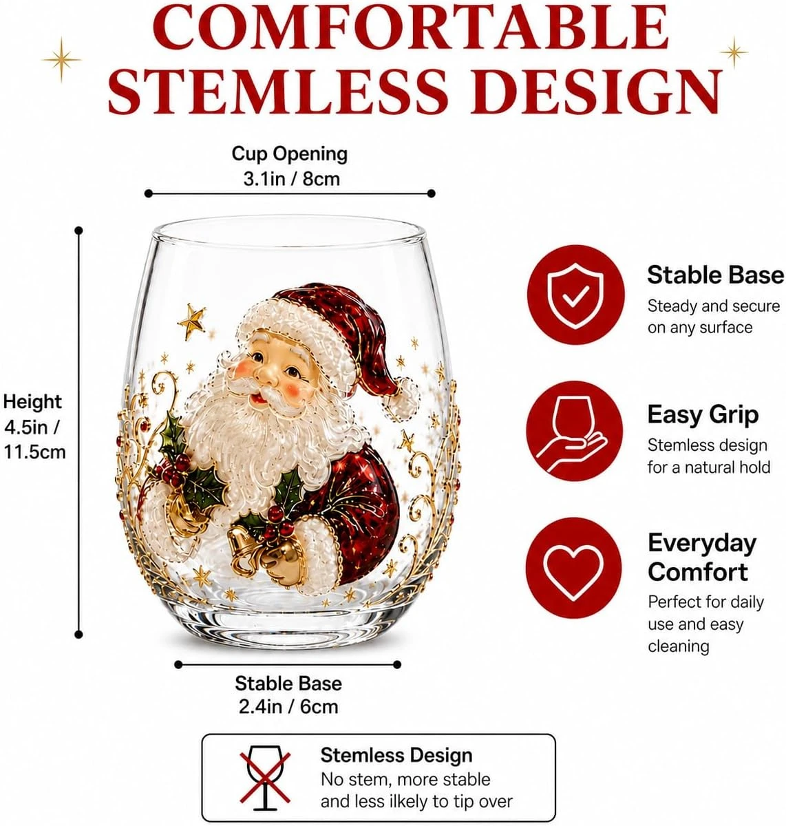 3D Christmas Glass Art Cup,Santa Snowman Reindeer Tree Drinking Glasses Christmas Wine Glasses, 3D Glass Cup for Christmas Gift