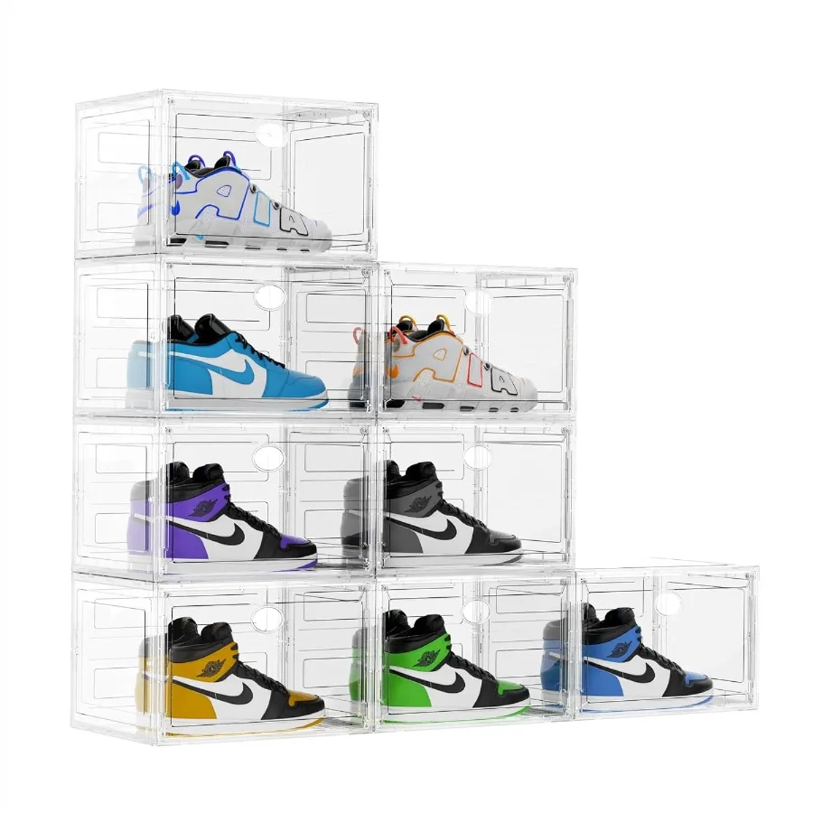 KEFA XL Shoe Storage Box Organizer 8 Pack Shoe Boxes Clear Plastic Stackable Sneaker Display Case Container Fit for US 13 Side