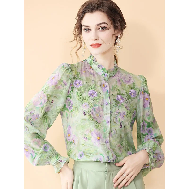 

Women's 2025 Spring and Autumn New Style Spliced button Age-reducing Floral Top Fungus Collar Fashion Shirt