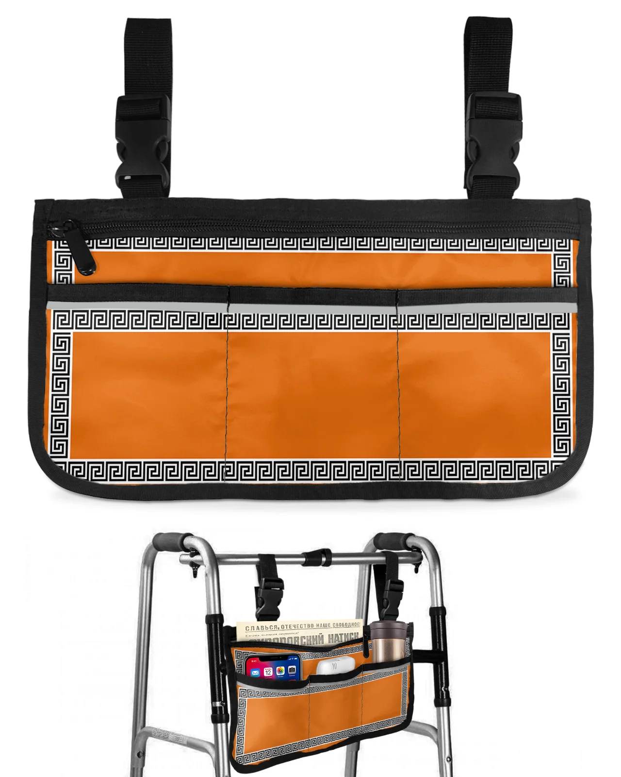 Orange Simple Chinese Geometric Wheelchair Bag With Pockets Armrest Side Bags Electric Scooter Walking Frame Storage Pouch