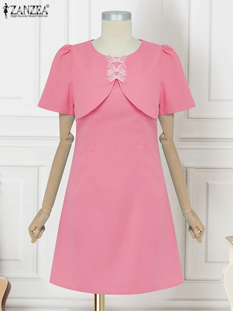 

ZANZEA Plus Size Dresses Women Elegant Sundress Fake two-piece Casual Short Sleeve Bow Waisted Party Office Knee-Length Robe