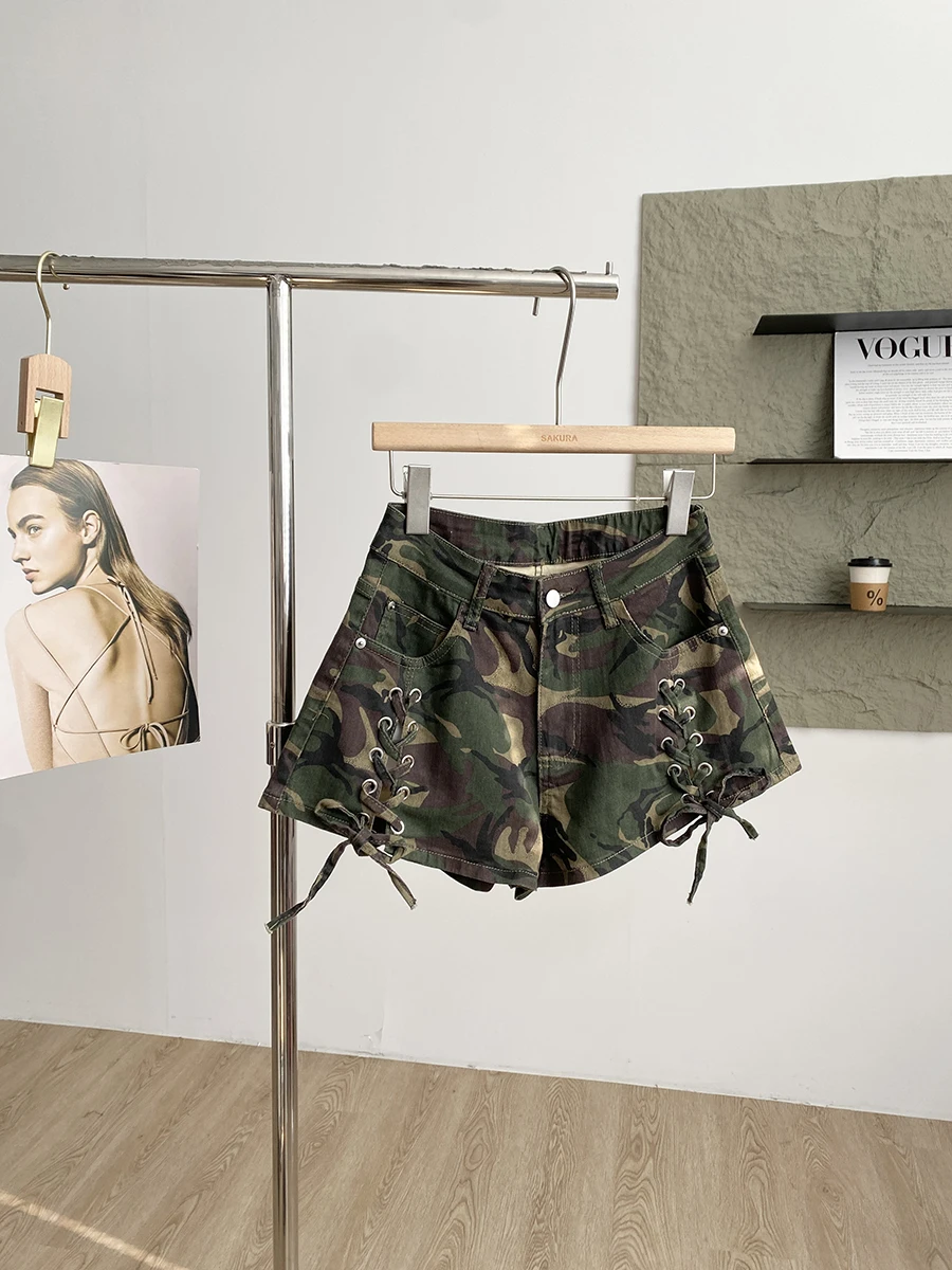 

Джинсовые шорты с высокой талией и камуфляжным принтом, женские универсальные брюки с широкими штанинами, осенний новый стиль, слегка эластичные, свободного кроя, для повседневной носки