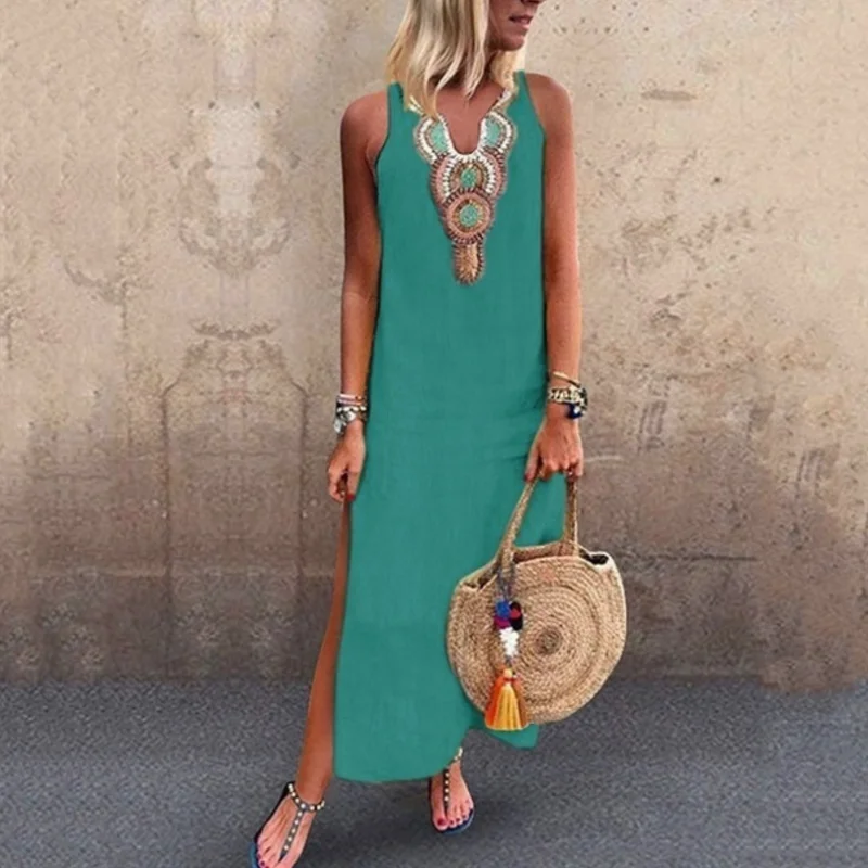 2023 Frauen neue lässige lose Baumwolle Hanf Bohemian sexy ärmellose tiefe V-Ausschnitt Seitens chlitz Kleid