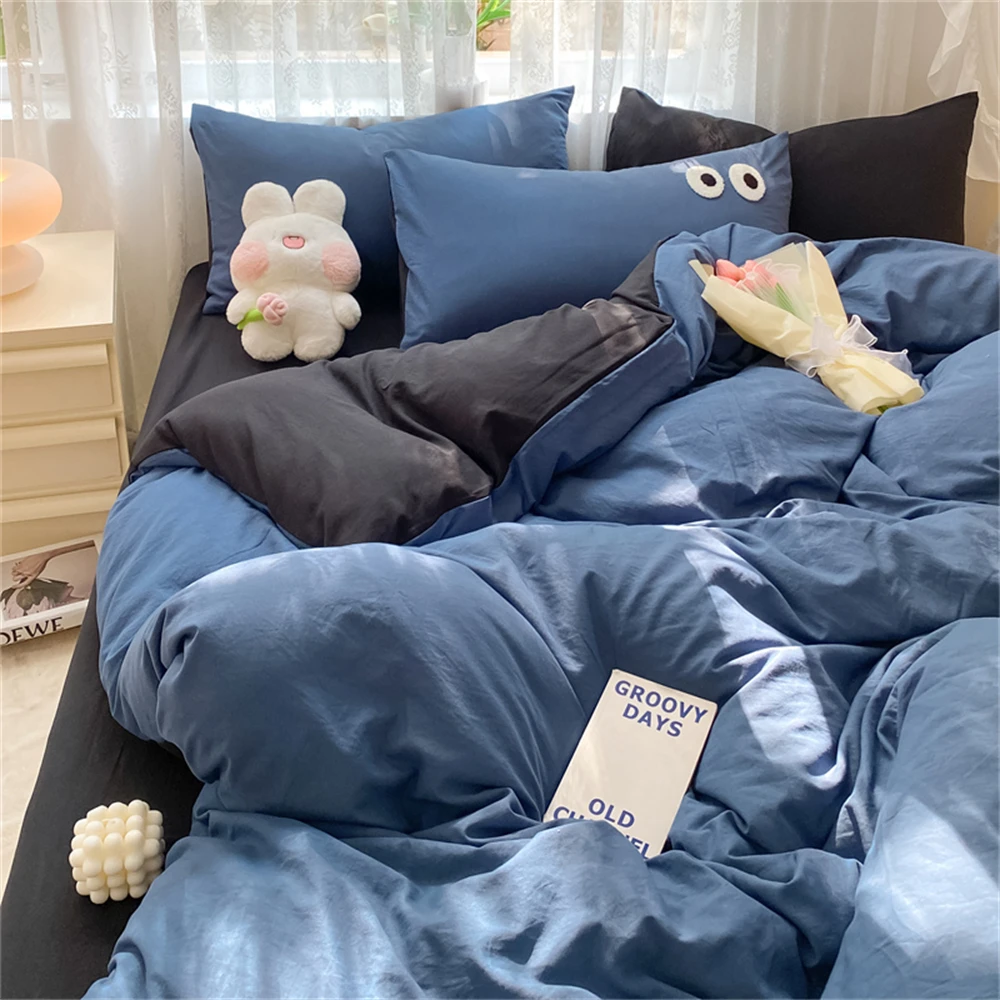 Cute Duvet Cover Set with Sheet Pillowcase Four-Piece Set Solid Color Bed Linen Full Queen Size Korean Big Eyes Home Bedding Set