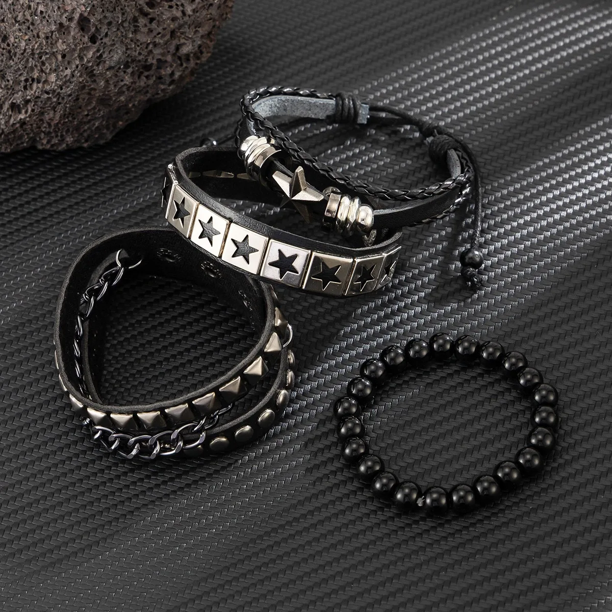 4PCS/Set Black Goth Bracelets For Men Women Punk Gothic Spike Rivets Pentagram PU Leather Bangles Hip Hop Party Jewelry Gift