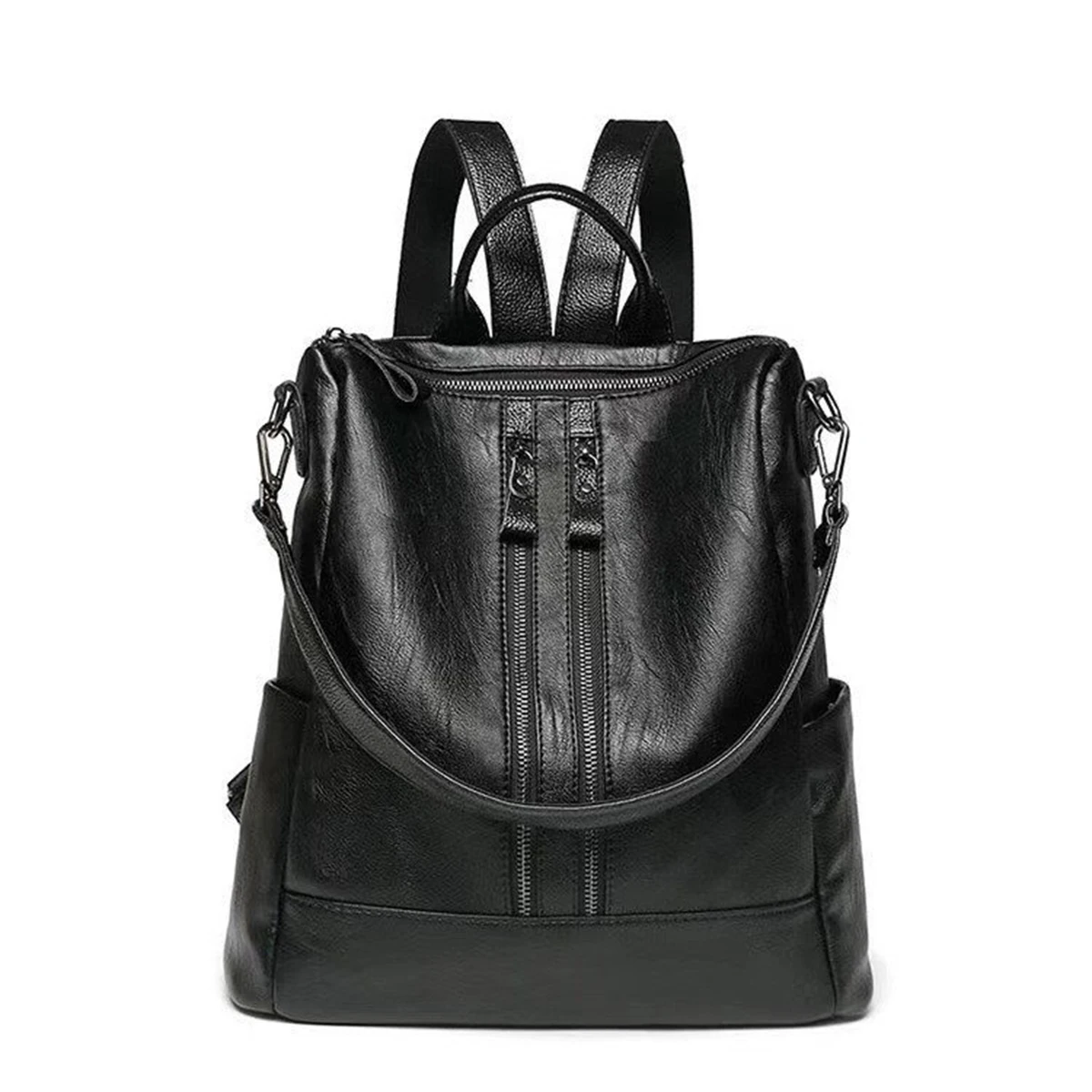 

Vintage Leather-Textured Backpack Quilted Solid Color Large Capacity Zipper Adjustable Straps Multi-Function Daily Campus Bag