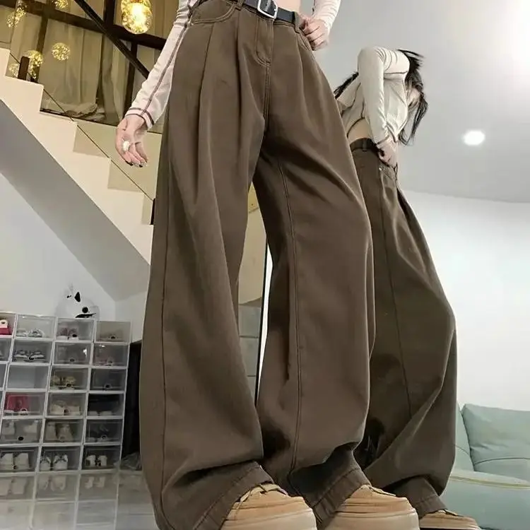 Brown High-Waisted Denim Wide-Leg Pants For Autumn New Style Straight-Leg Loose-Fitting Floor-Length Mopping Pants Women