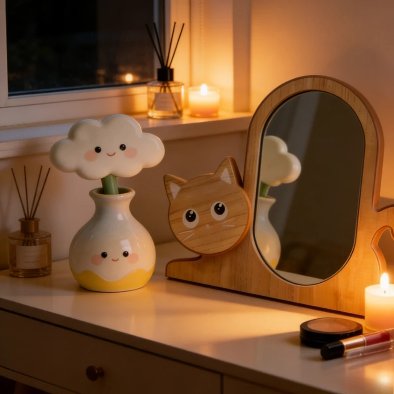 

Nordic Retro Cartoon Wooden Makeup Mirror Portable Desktop Dressing Table Mirror for Home Student Dorm