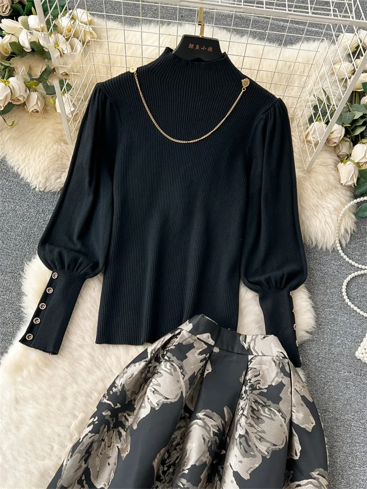 السيدات الرجعية سترة الدعاوى موضة فانوس كم البلوفرات فضفاضة ألف خط التنانير الطويلة طباعة محبوك قطعتين مجموعات تأليف #3