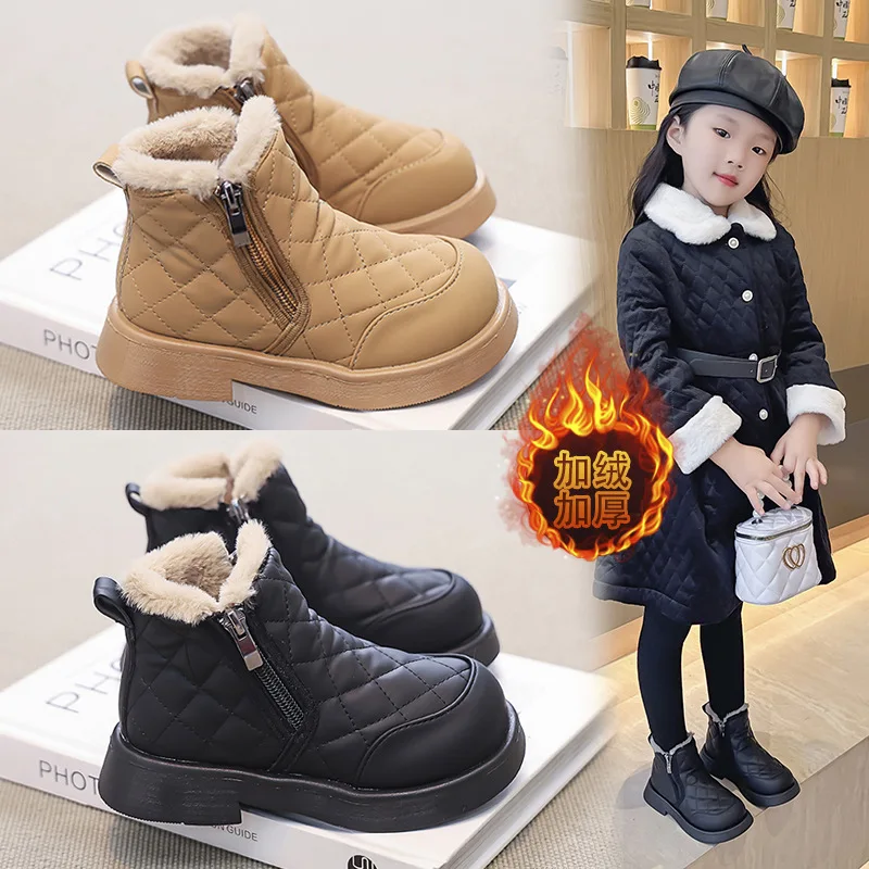 England Style High Top Winter Shoes Kids new 2025 Fashion Plaid Leather Boots Children Side Zipper Warm Boys Girls Snow Boots