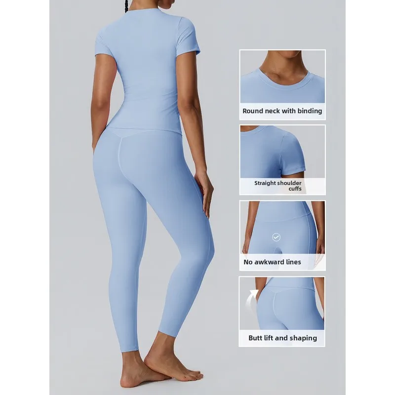 Women's 2Pcs Yoga Set, New European American Style Buttery Soft Double-Sided Brushed Fabric, Quick Dry Short Sleeve Top + High W