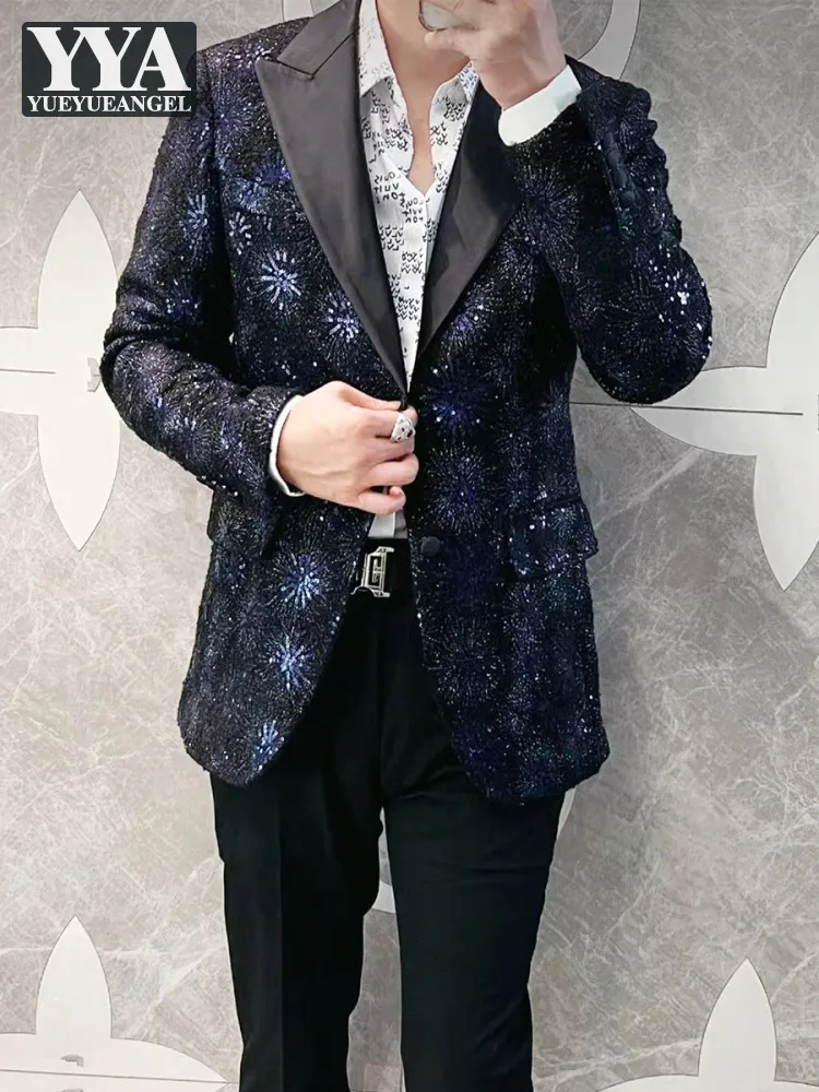 Luxury Men Wedding Woolen Dress Jacket Handmade Shiny Sequined Embroidery Blazer Stage Show Top Banquet Party Slim Fit Suit Coat