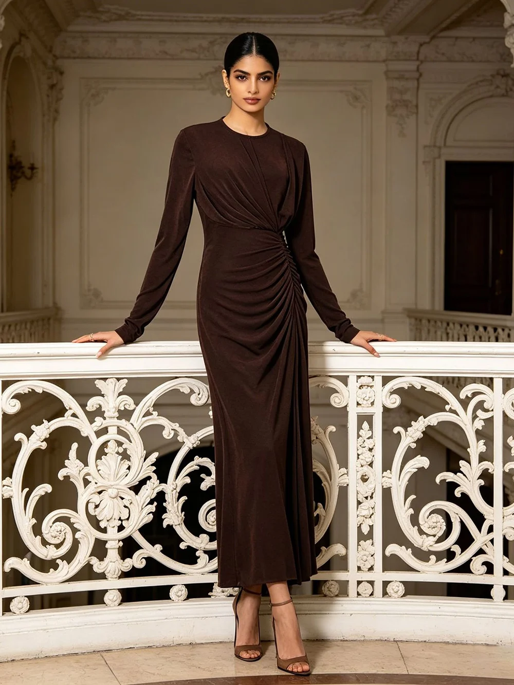Elegant And Intellectual Style Long Sleeved Dress With Fashionable Temperament Pleated And Slim Fit Design Long Skirt