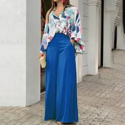 Autumn Printed Trousers Suit For Women Fashionable Casual Office Loose Two-piece Set Bell-sleeved Shirt Wide-leg Trousers Suit