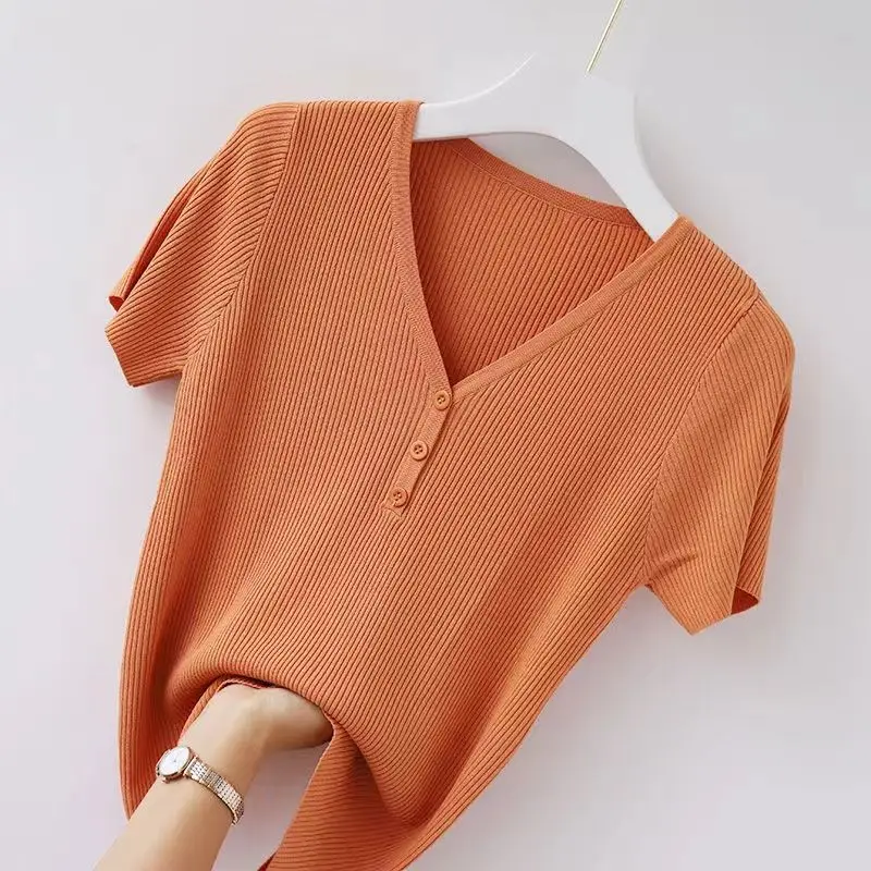 

Simplicity Casual Summer Solid Ice Silk Women's Solid V-Neck Button Patchwork Fashion Short Sleeve Slim Knitting T-Shirts Tops