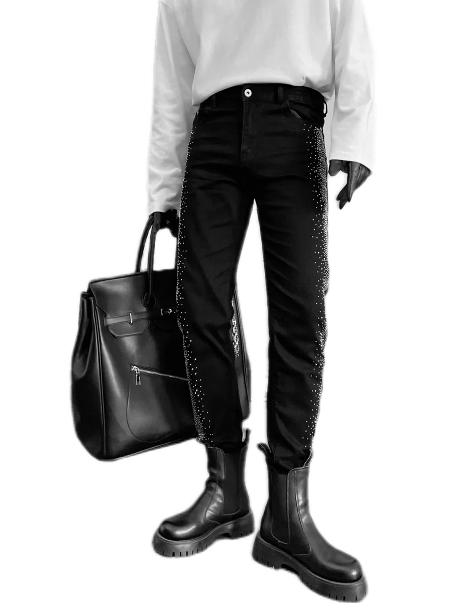 Fashion Heavy Rhinestone Black Jeans for Men 2025 Trendy Casual Stretch Pants High-end Slim Fit Skinny Pants