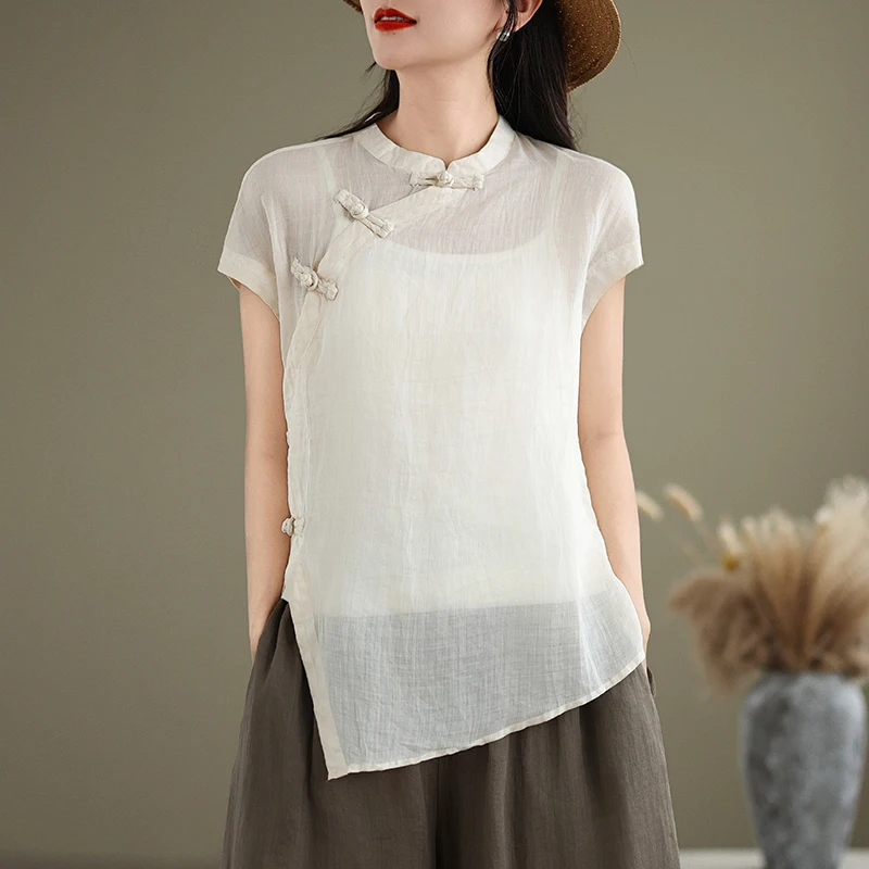 Retro Chinese Sle ort Sve Katoen Linnen irt Dames Zomer Nationale Sle Schuine Kraag Knop Verbeterd tot...