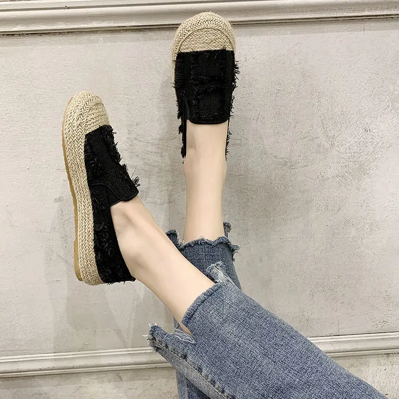 Loafers Whit Canvas Women Footwear Slip on Ladies Shoes Black Espadrilles Korean New in 2024 Original Urban Autumn Daily Routine