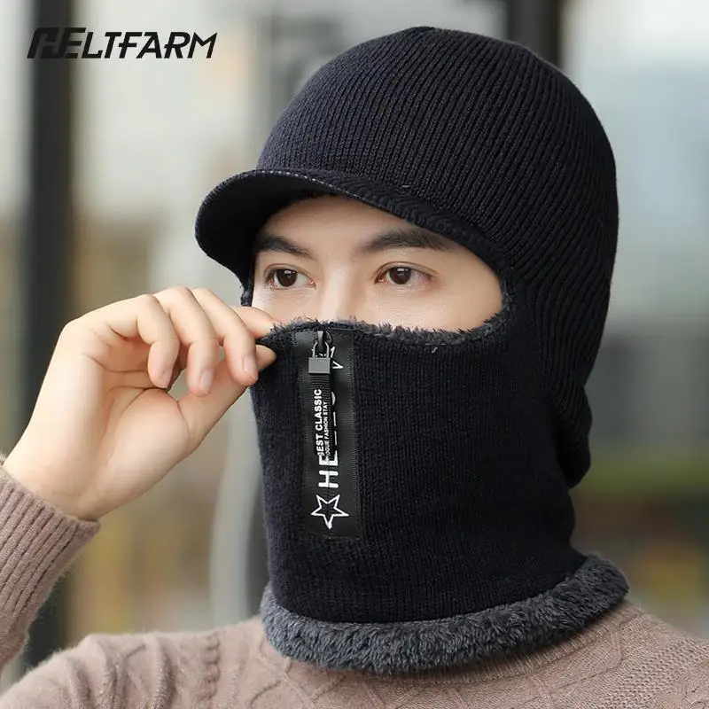 New Men Winter Warm Wool Hat Outdoor Ear Protection Hats Warm Thick Cycling Knitted Cap Scarf Windproof Cap Neckwarmer Cap