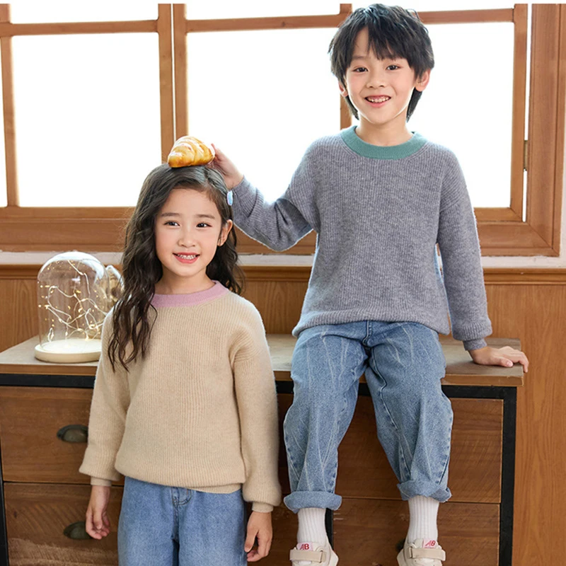 

Boys Winter Warm wool Sweater Kids thicken 100% Wool Pullover Girls Wool Minimally Striped cashmere Coat Tops Teenager Clothing