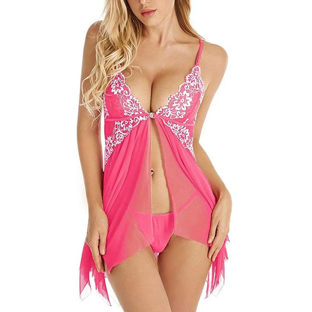 Hot Sexy Lingerie Women Erotic Deep V Neck Babydoll Nightdress See Through Lace Underwear Floral Sleepwear Nighties