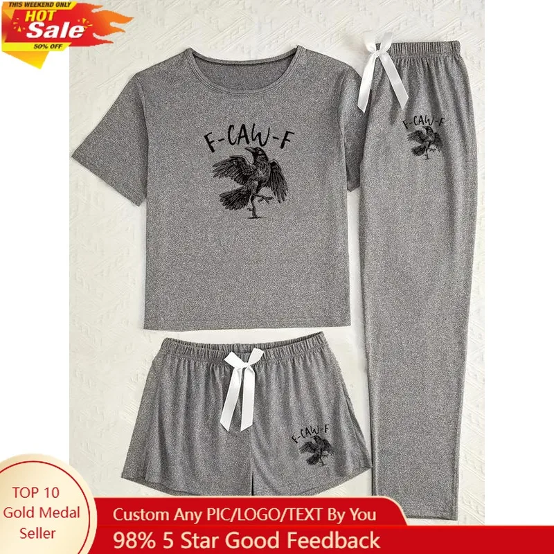 Women's 3-Piece Sleepwear Set, Raven Print Pajamas, Casual Fitted Style, All-Season Comfortable Nightwear, Moderate Fabric Thick
