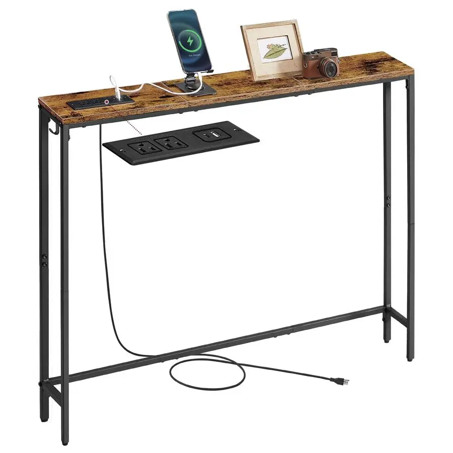 

Console Table with Power Outlet, Slim Behind Couch Sofa Table, 5.9 x 39.4 x 31.5 Inches, 1 Hook, Easy Assembly, for Entryway, Li