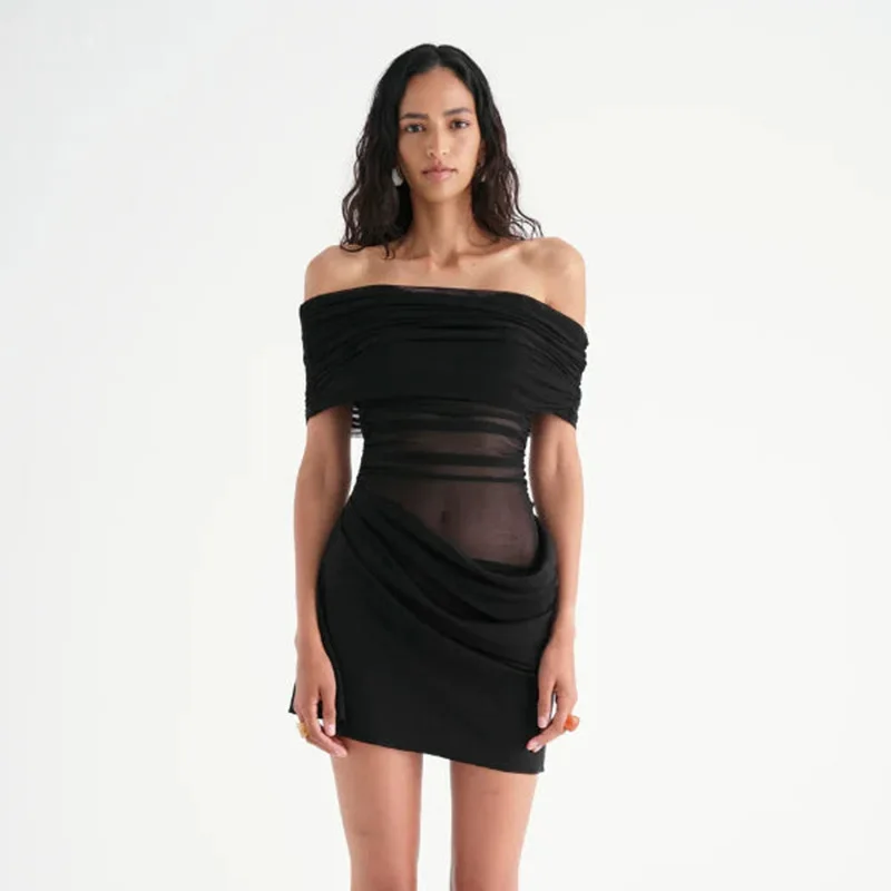 Sexy Damen-Kleid, einfarbig, schulterfrei, schulterfrei, Netzstoff, Spleißen, Perspektive, schmale Passform, Taille, freiliegend, kurzes, hüftumarmendes Kleid