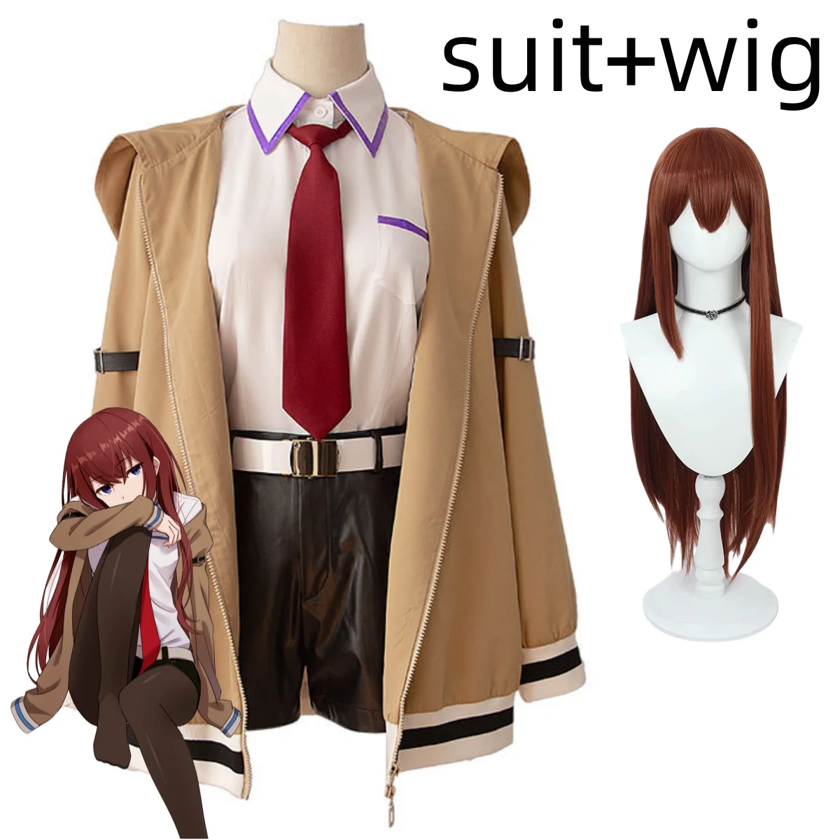 Game Steins Gate Makise Kurisu Christina Cosplay Kostuum Kapmantel Shirt Shorts Trainingspak Pruik Vrouw Carnaval Halloween Pak