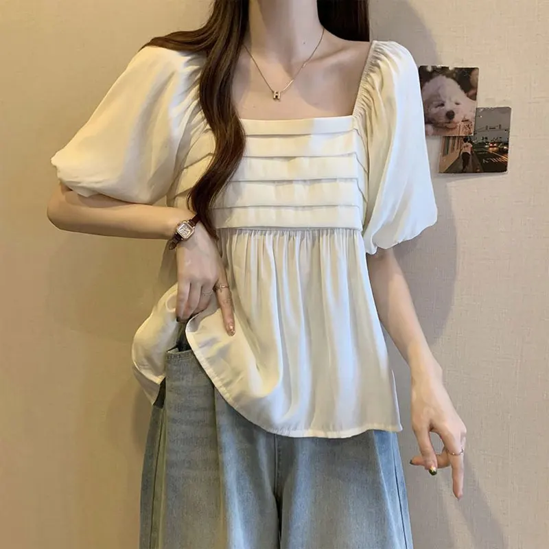 

French Style Puff Sleeve Loose Blouse Summer Elegant Square Collar Women's clothing Fashionable Pleated Basic Solid Color Shirts
