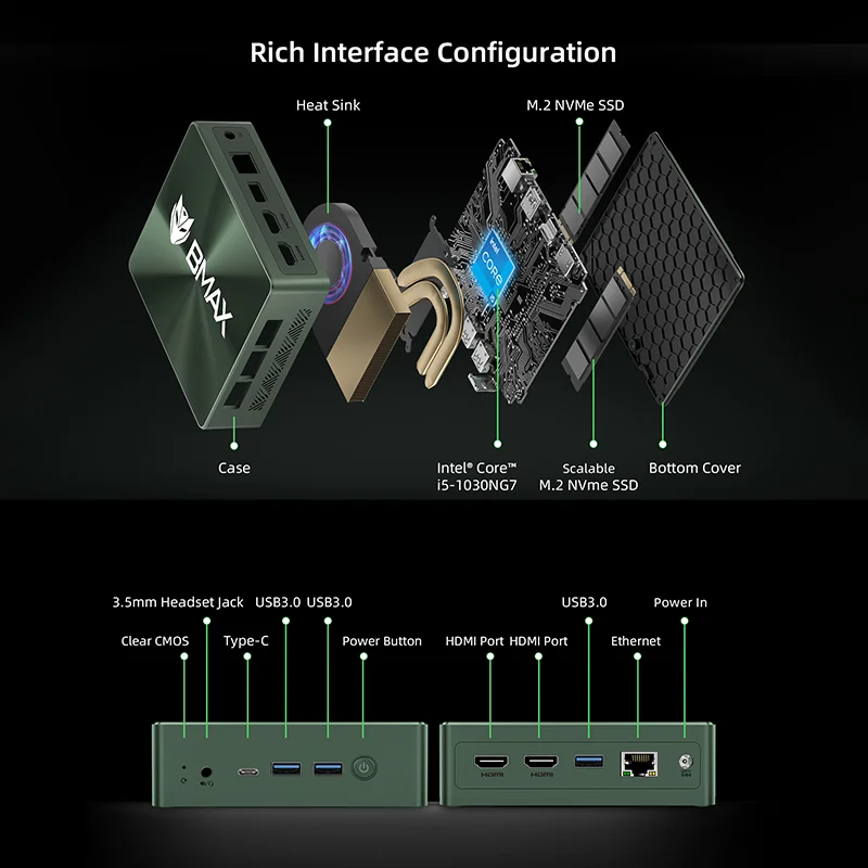 BMAX B6 Pro Mini PC, Intel Core i5-1030NG7 hasta 3,5 GHz, 16GB LPDDR4 512GB SSD 2*HDMI 3*USB3.0 Wi-Fi 5 Windows 11 Pro