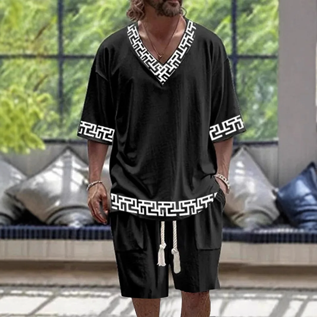 

2026 Casual Suit Men's Summer Loose Short-sleeved Knitted Sweater Shorts V-neck Sports Suit Two-piece Set