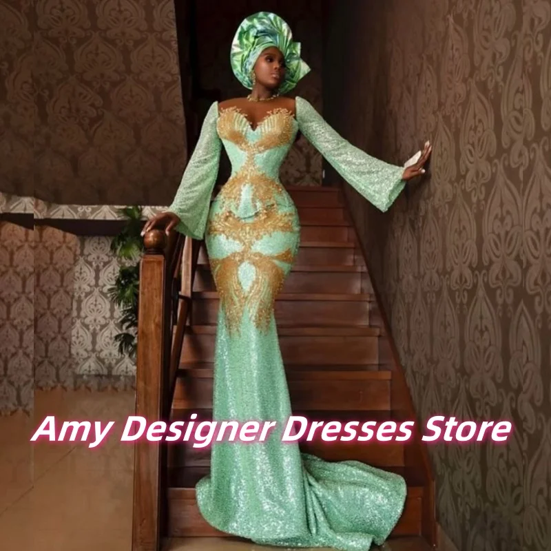 

Светло-зеленое вечернее платье с пайетками Aso Ebi, золотая аппликация из бисера, роскошные платья русалки для выпускного вечера, свадебные платья, женские платья по индивидуальному заказу