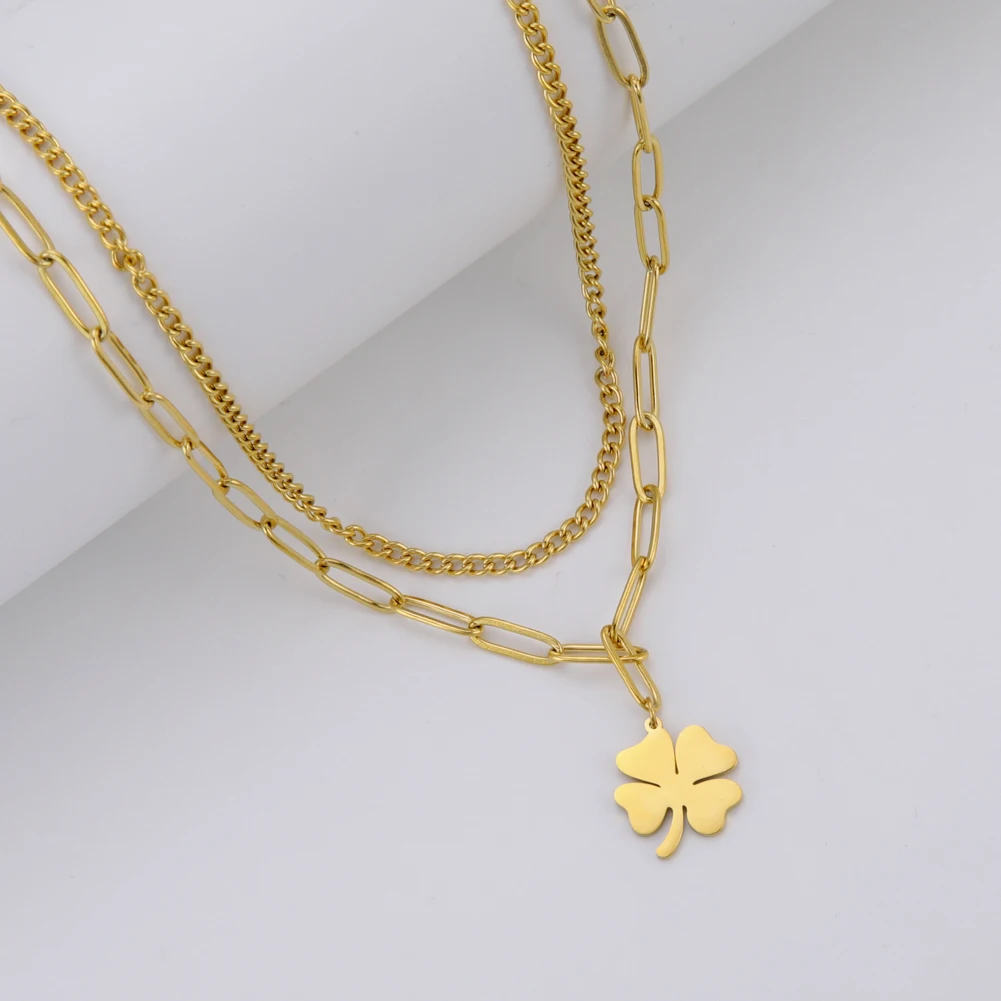 Kkjoy Edelstahl Pflanze Vierblättriges Kleeblatt Anhänger Halskette Mode Elegante Feminine Kurze Schlüsselbein Kette Halskette Schmuck – Detail 35