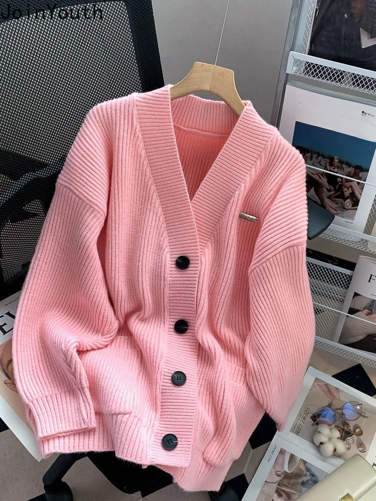 Pink Oversized Cardigan Jackets Fall Winter Clothing Sueter Mujer Preppy Style Korean Pull Femme Knitting Women Sweater Tops