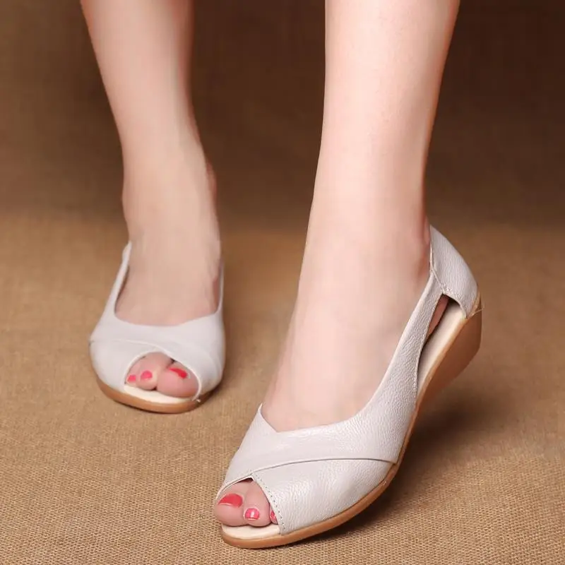 Summer Comfort Wedge Shoes 2023 Fashion Women\'s Sandals Plus Size 41 42 Mom Peep Toe Flats Shoes Womens Genuine Slide Loafers