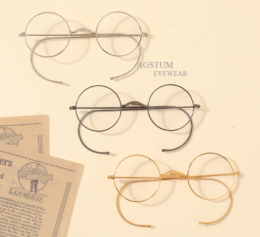 44mm Round Vintage Gold Wire Rim Eyeglasses without Nose Pads, Optical Frame with Cable Temples for Secure Fit