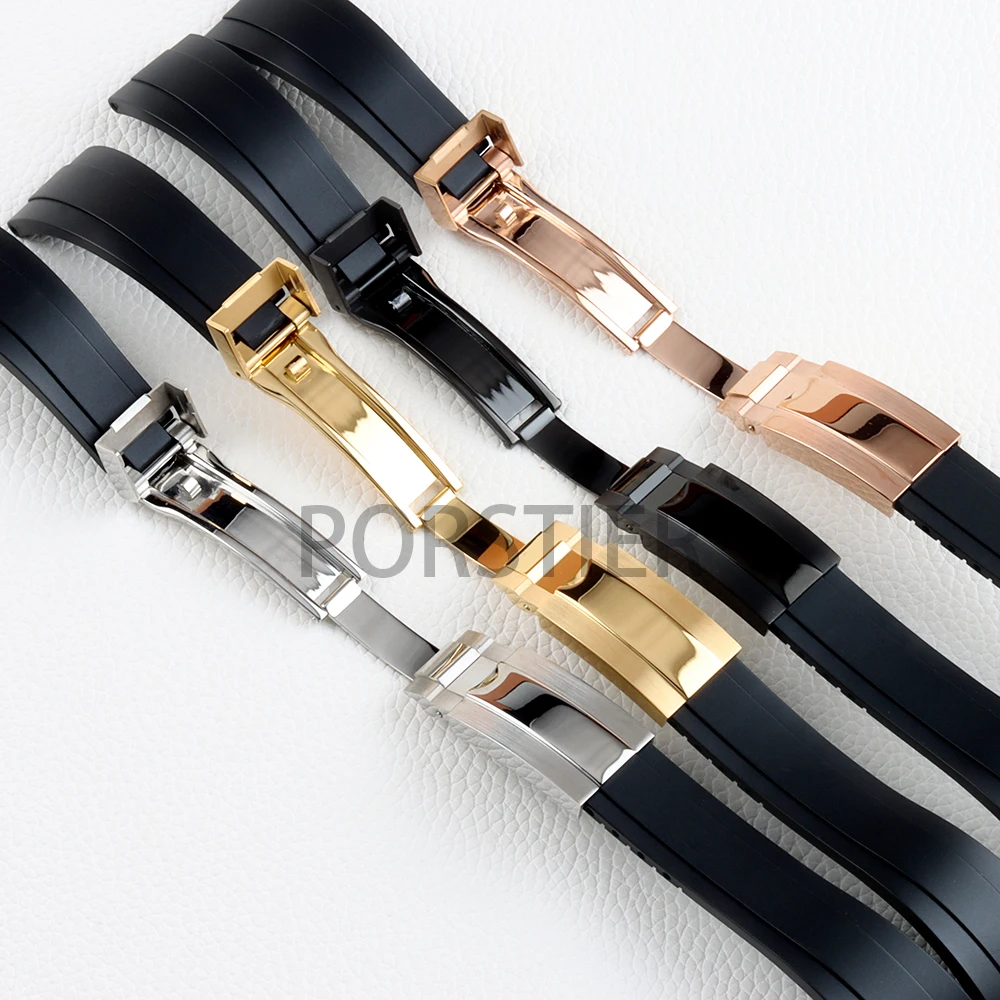 أسود 20 مللي متر عرض حزام الساعات سوار مطاطي فضي/أسود/ذهبي وردي/ذهبي صلب 316L مشبك من الفولاذ المقاوم للصدأ حزام مطاطي #3