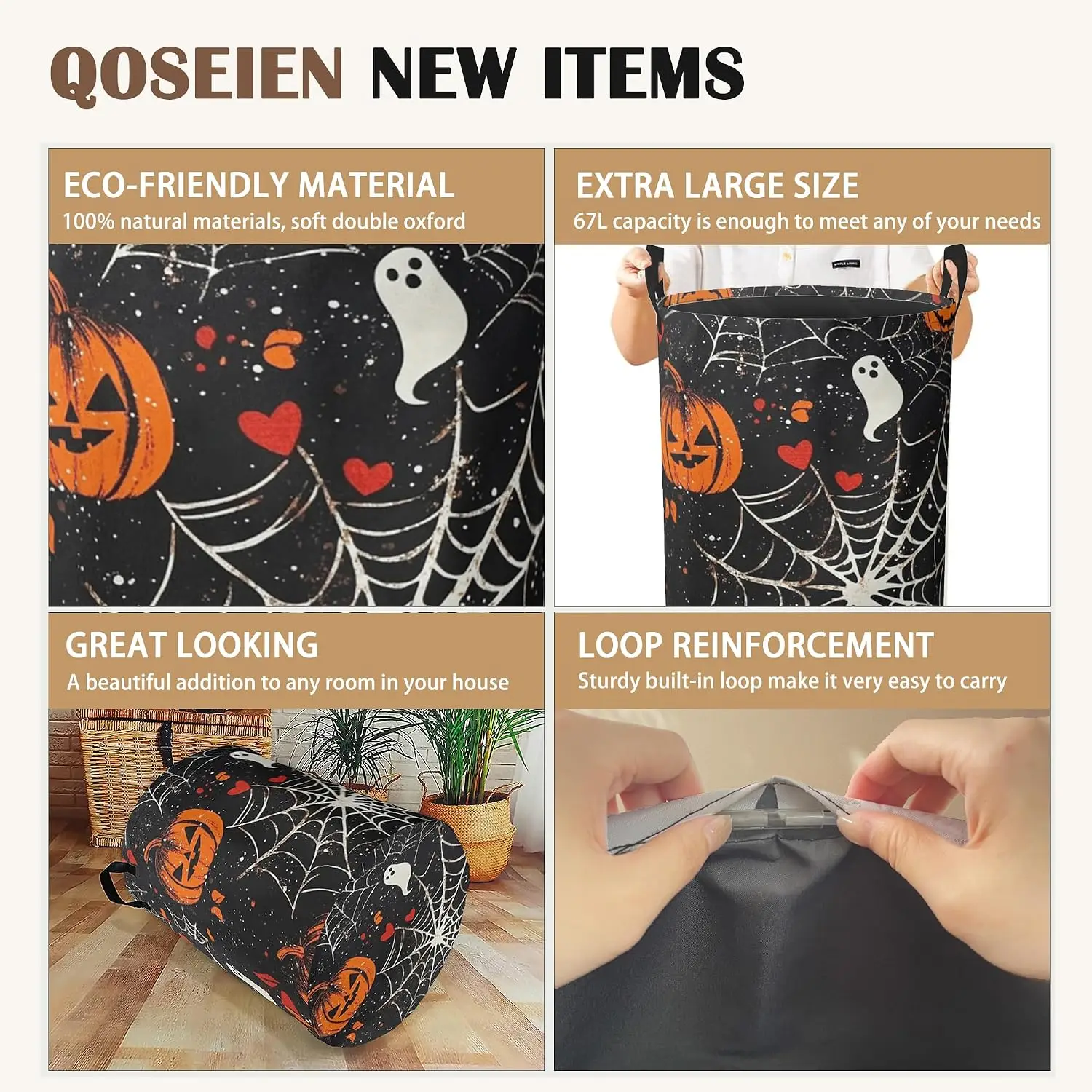 Halloween Laundry Basket Pumpkin Collapsible Hamper with Handles, Bat Spider Web Waterproof Oxford Storage Bin for Bathroom