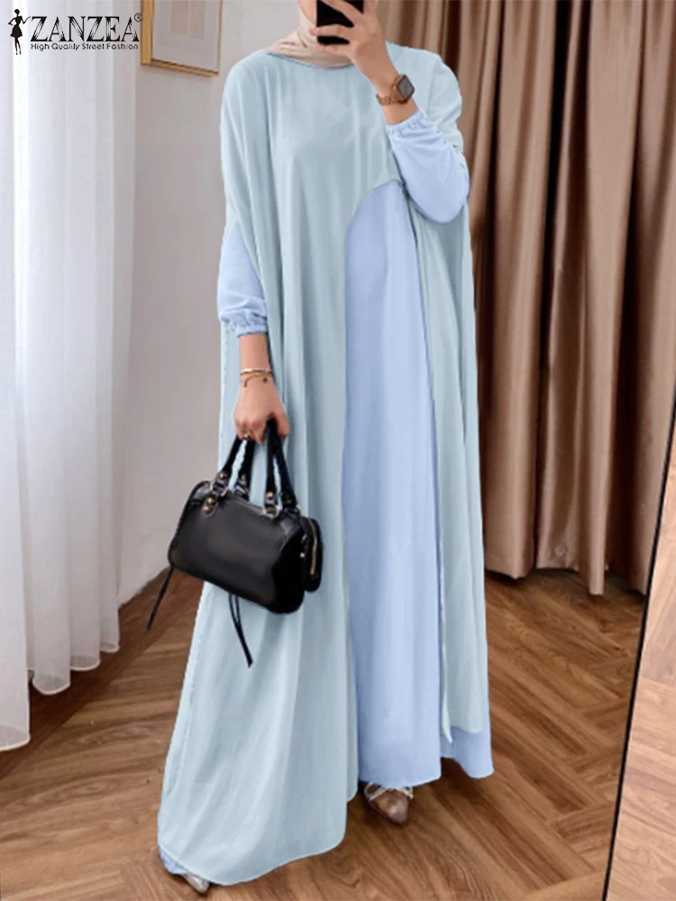 

2025 Fashion Long Sleeve Dubai Sundress ZANZEA Muslim Dresses 2PCS Women Chiffon Abaya Eid Mubarek Robe IsIamic Hijab Vestidos