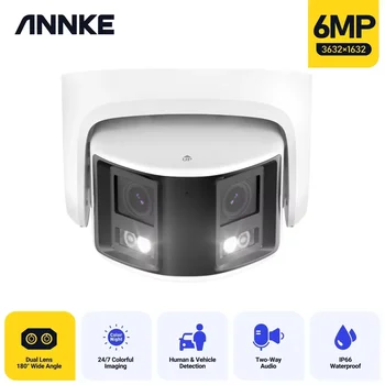 Annke 180 °   Telecamera di sicurezza panoramica 265+ 6MP Doppia lente 2.8MM Telecamera IP POE CCTV Video sorveglianza Allarme audio esterno