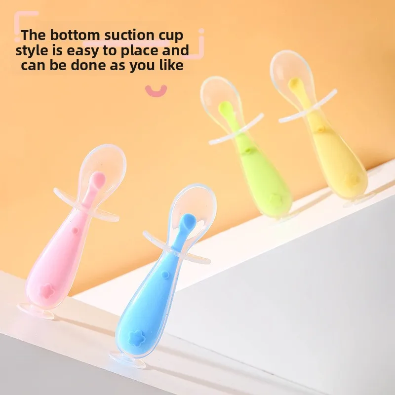Fotografia 5: Colher de silicone para bebês, alimentação de pasta de arroz para bebês, colher de sopa de cabeça macia, colher de treinamento, colher curta de silicone com escudo infantil