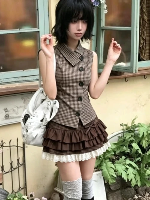 Hot Girl Summer Y2K Harajuku Retro Sweet Two Piece Set Women's Clothes Fashion Plaid Short Sleeve Shirt High Waist Pleated Skirt image 4