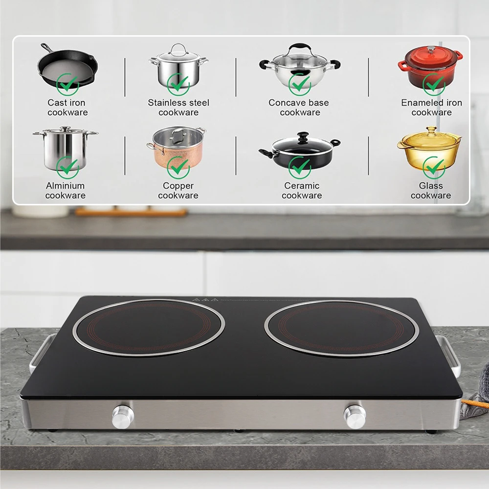 Household stir-fry soup barbecue multi-functional black crystal touch panel double head electric ceramic stove