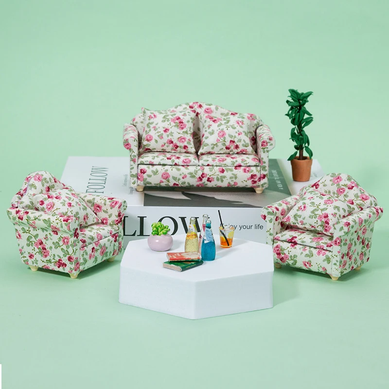 1/12 Dollhouse Miniature European Style Sofa Single Sofa Double Sofa With Cushions Furniture Model Dollhouse Home Decor Toys