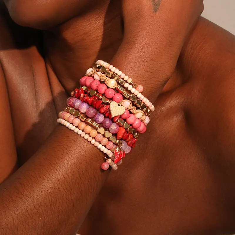 

Винтажный акриловый браслет из деревянных бусин с сердечками, аксессуары для женщин, модный винтажный женский браслет ручной работы