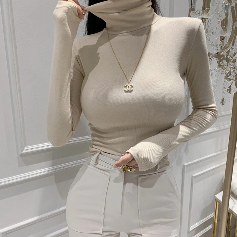 

Fashion Female Turtleneck Stretch T-Shirt Women Slim Long Sleeve T-shirts Solid Color Versatile Long Sleeves Tee Sexy Crop Top